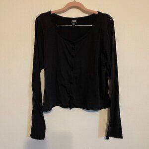 Eileen Fisher | Black Lightweight Cotton Jersey Button-Front Long-Sleeve Tee L